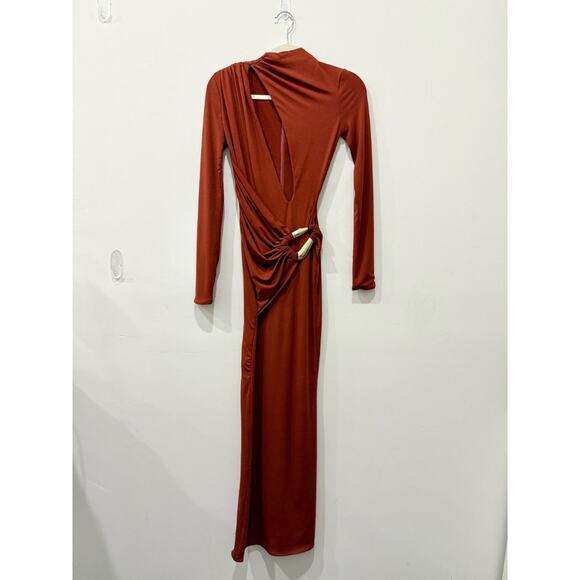 NWT PLT Label Double Layer Slinky Asymmetric Plunge Maxi Dress Rust Brown Size 0 - Picture 3 of 6